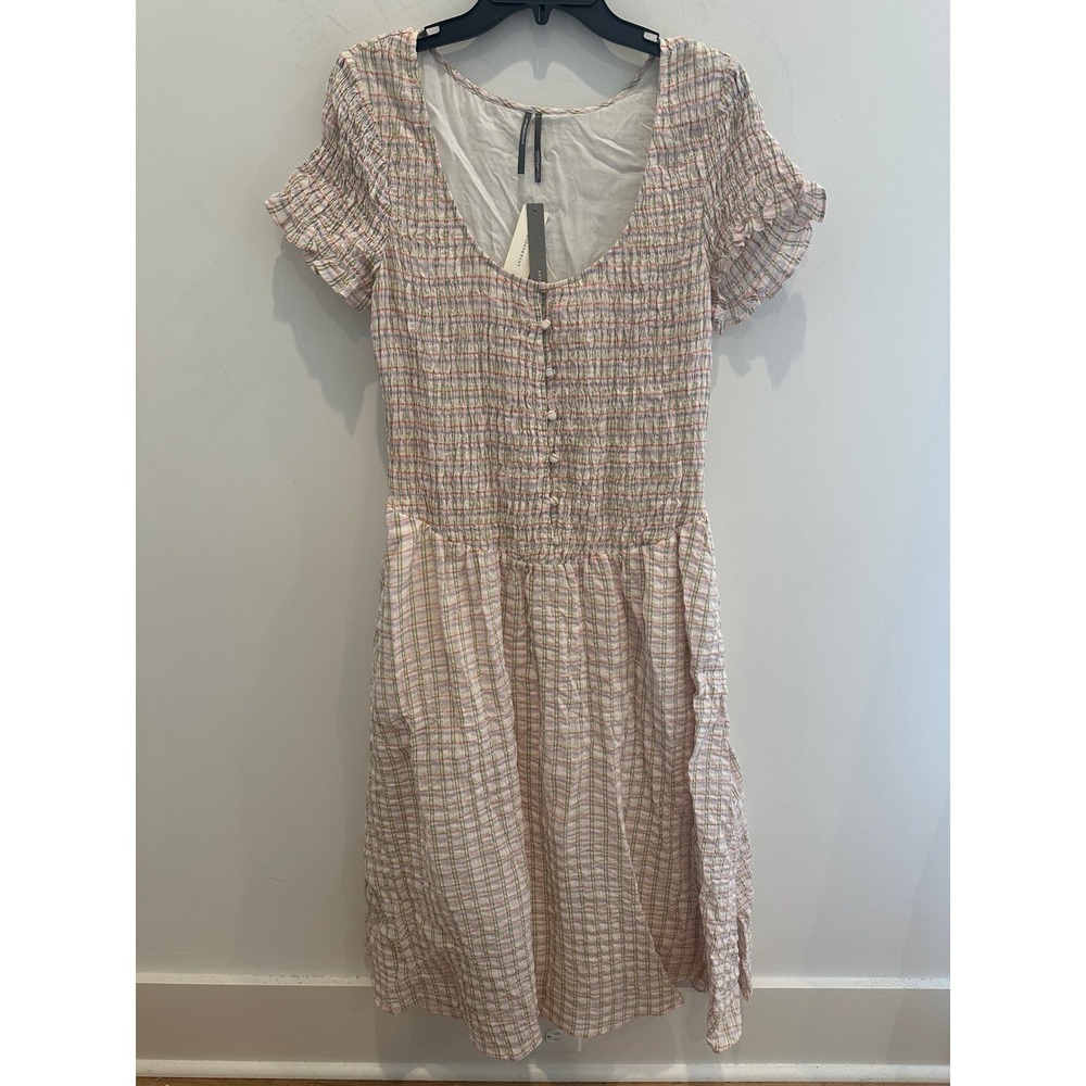 Anthropologie Smocked Plaid Midi Dress Multi Color Short Sleeve L Cottagecore